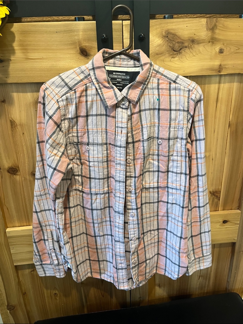 REI Pink White and Gray Plaid Button-Up Shirt